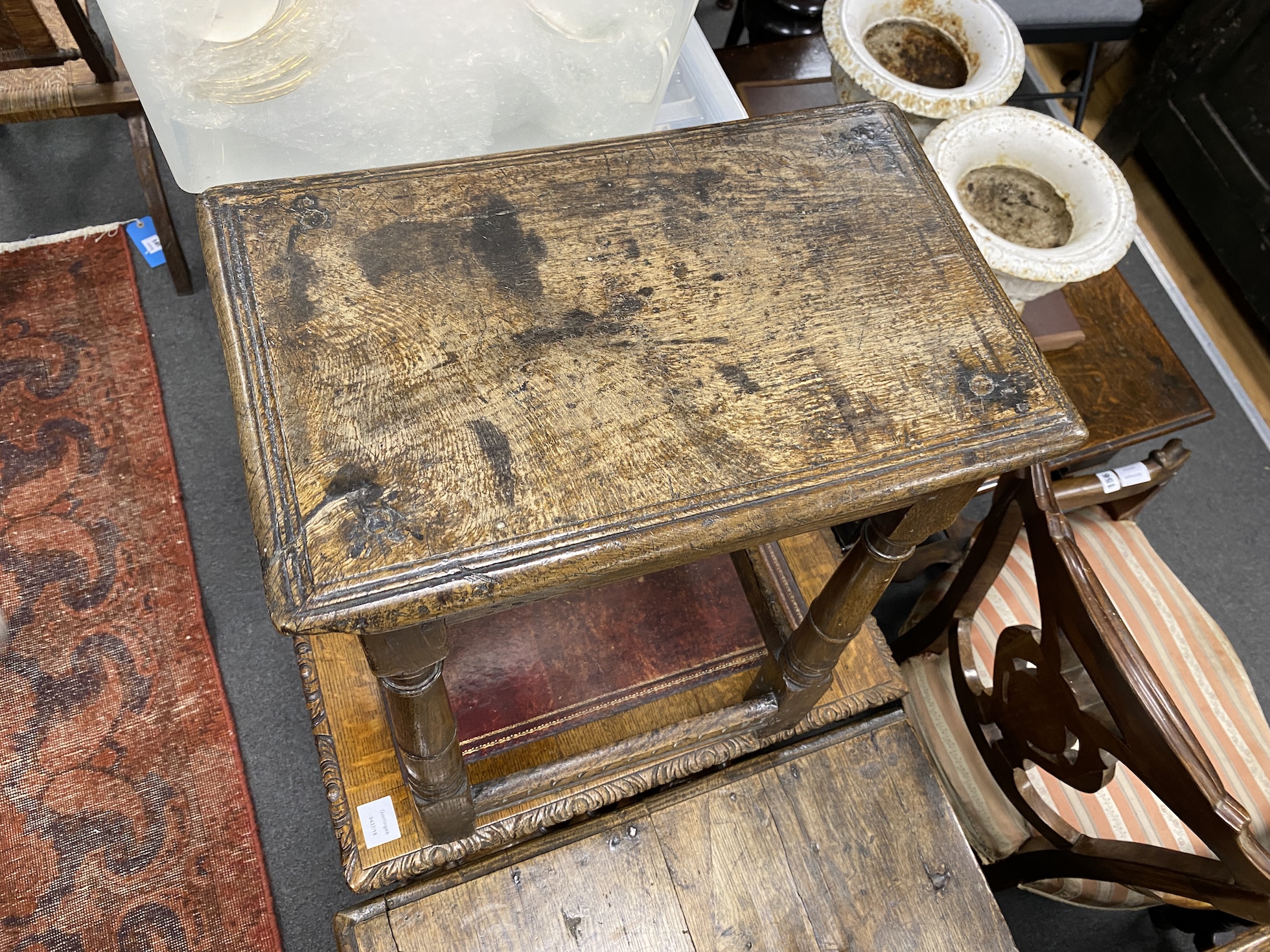 An 18th century oak joint stool width 44cms, depth 28cms, height 57cms.